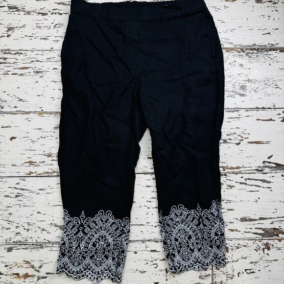 Chico's Pull On Embroidery Linen Crop Pants Black White Size 2 or U.S. 12 Resort - Picture 10 of 11